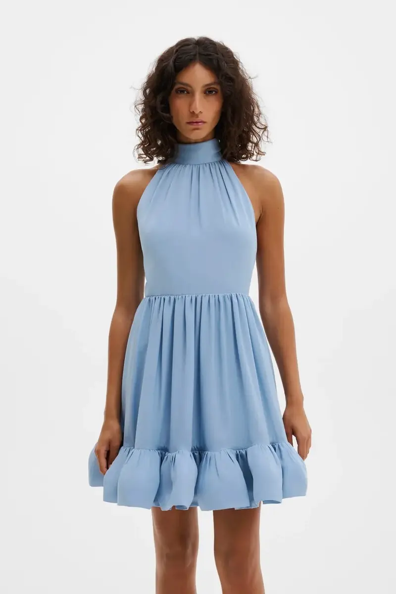 Fern Halterneck Ruffled Mini Dress Sky