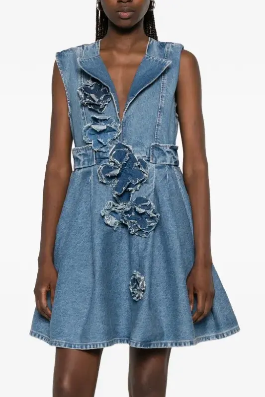 Flower Denim Puff Mini Dress