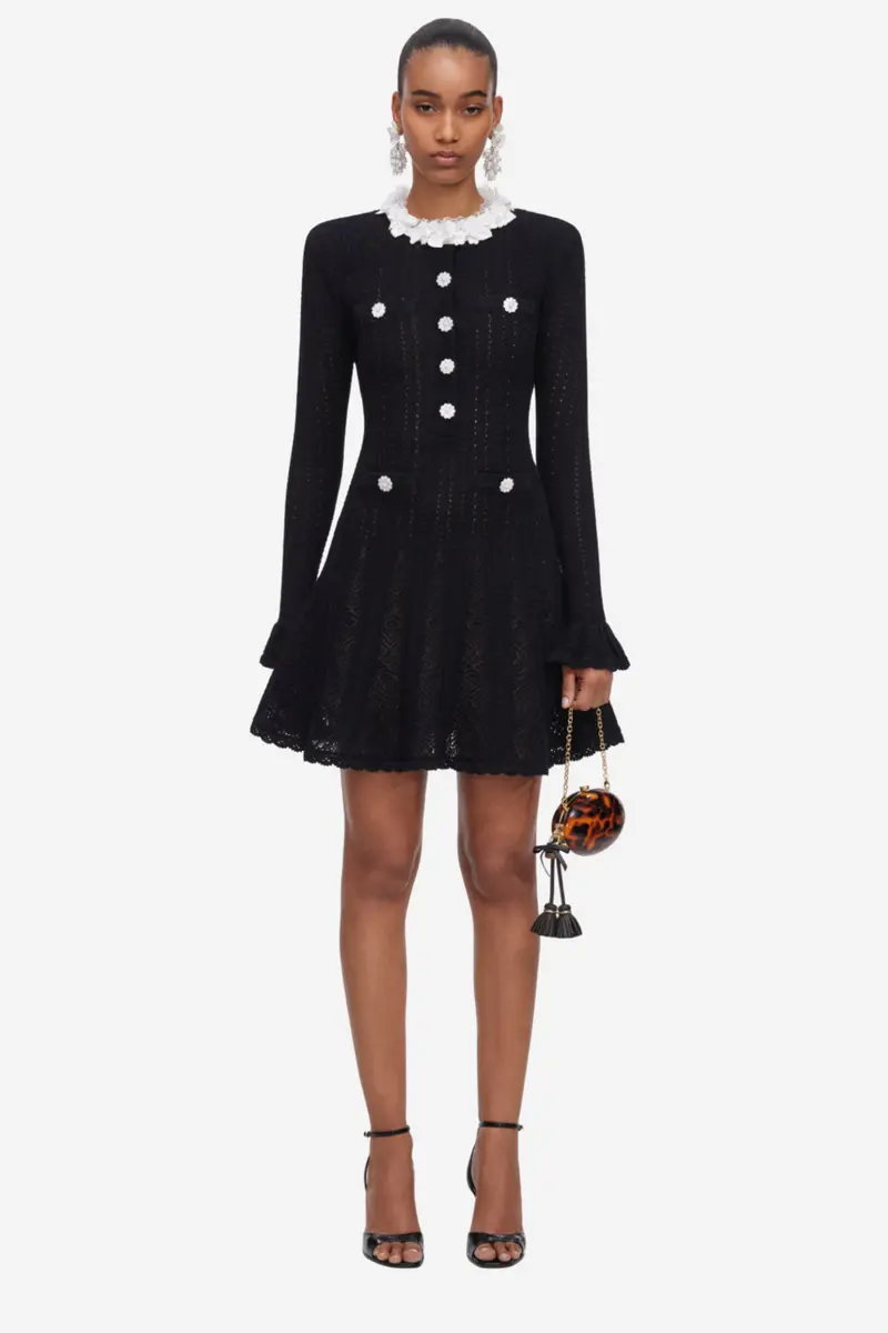 Flower Trim Knit Mini Dress Black