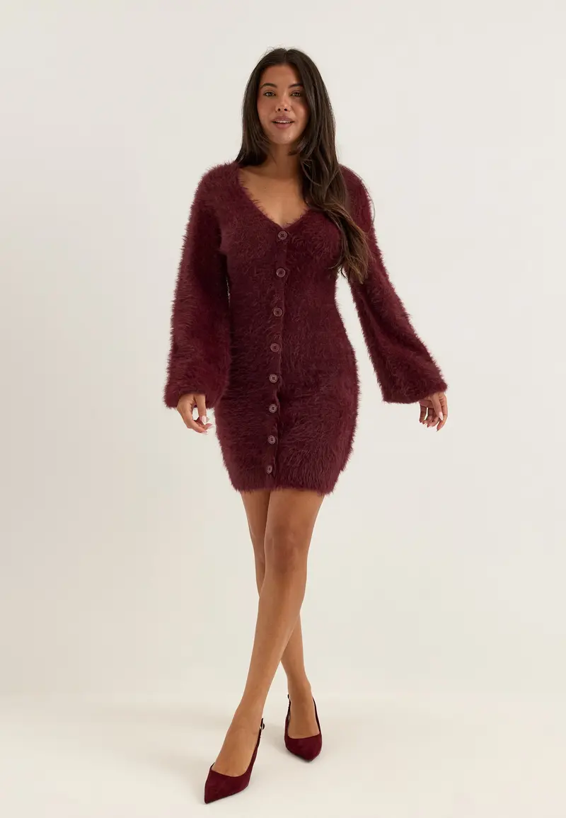 Fluffy Knitted V-neck Cardigan Dress