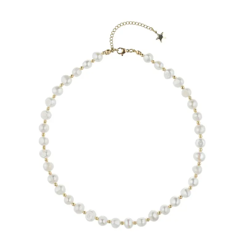 Fresh Water Pearl Necklace 8 mm 40 cm W/Gold Beads Gold
