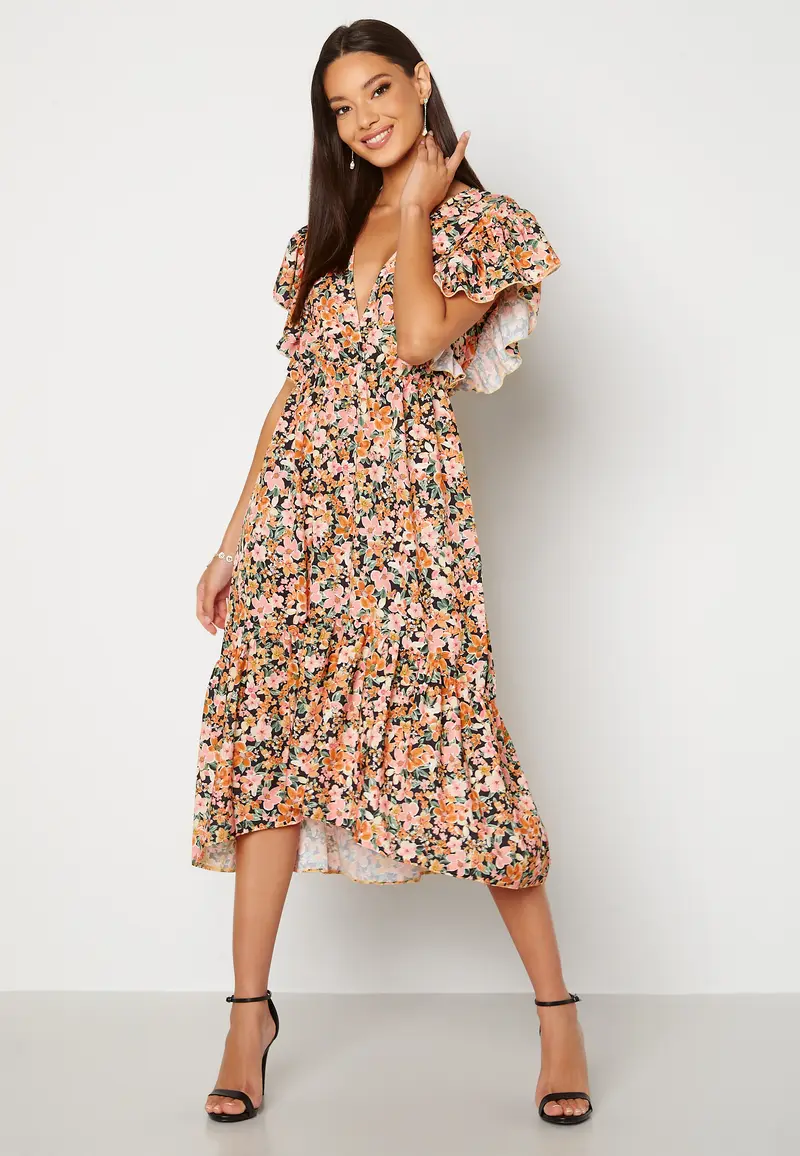 Frill Sleeve V Neck Midaxi Dress