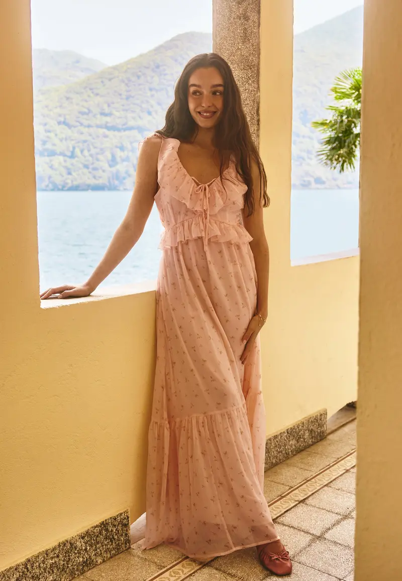 Frill Tie Back Chiffon Maxi Dress