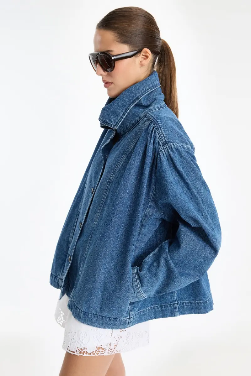 Gathered Denim Jacket - Medium Blue Denim