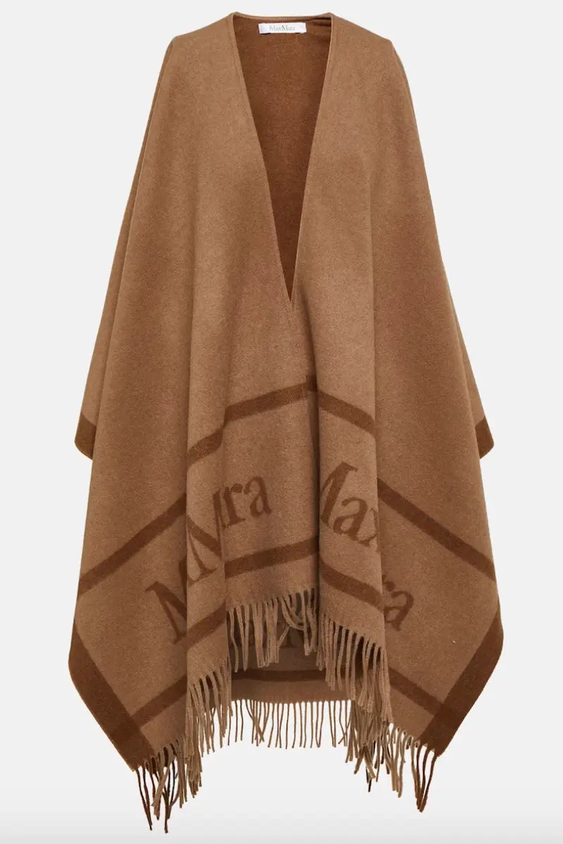 Hilde Jacquard Logo Wool Poncho Camel