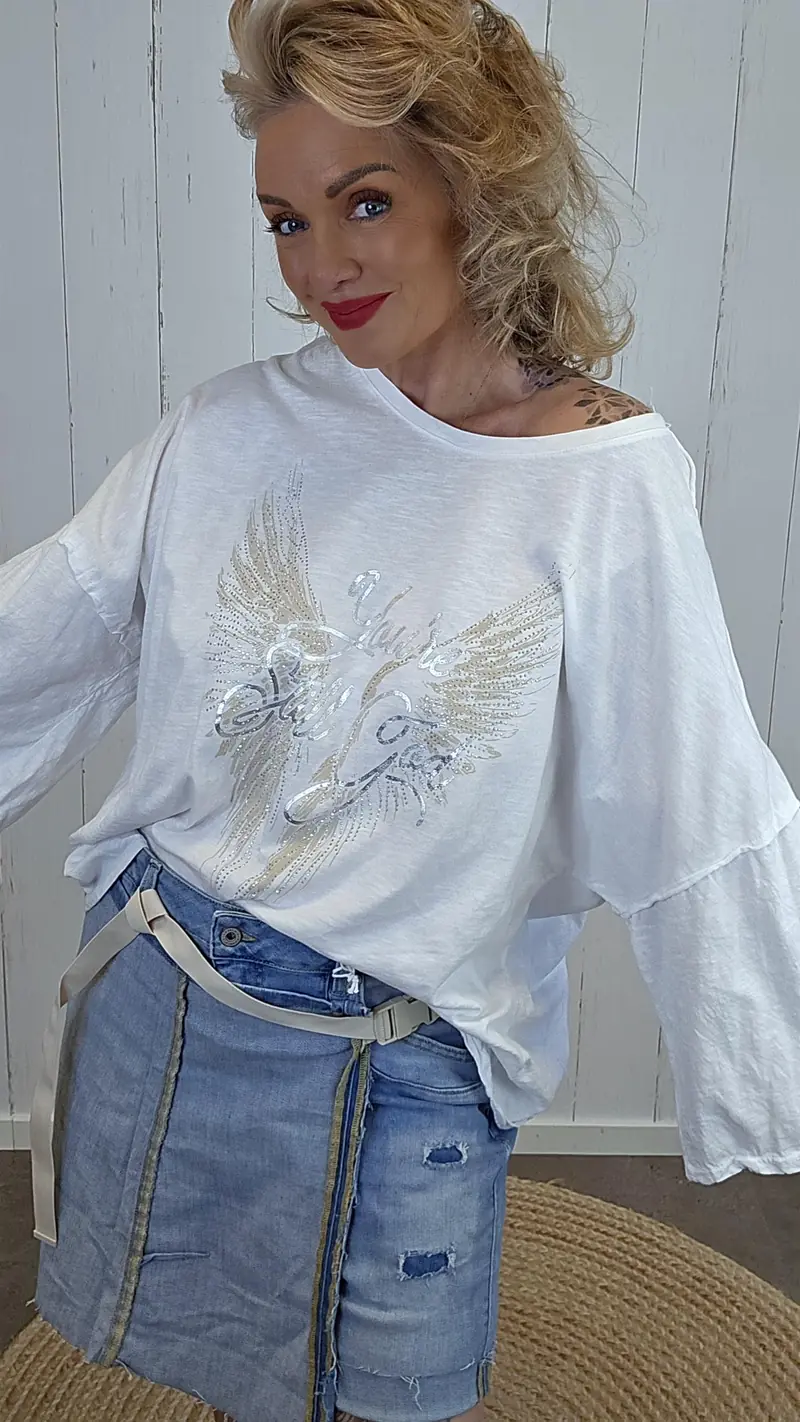 Hvitfarget topp med glitterprint