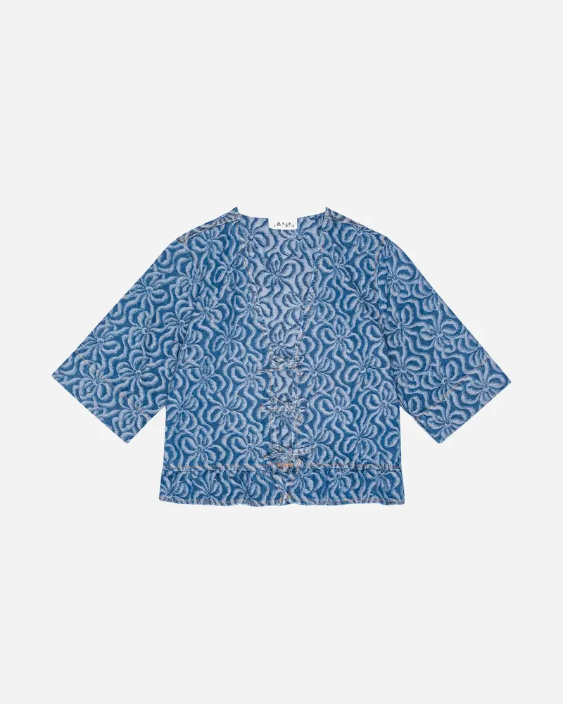Jacquard Denim Flounce Tie Blouse - Mid Blue Stone