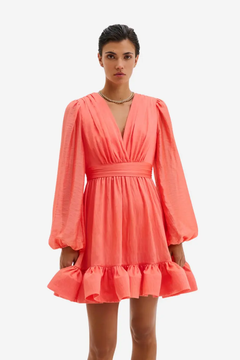 Jadie V-Neck Ruffled Mini Dress Coral