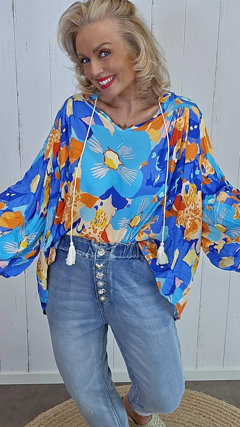 Janine bluse med print blå