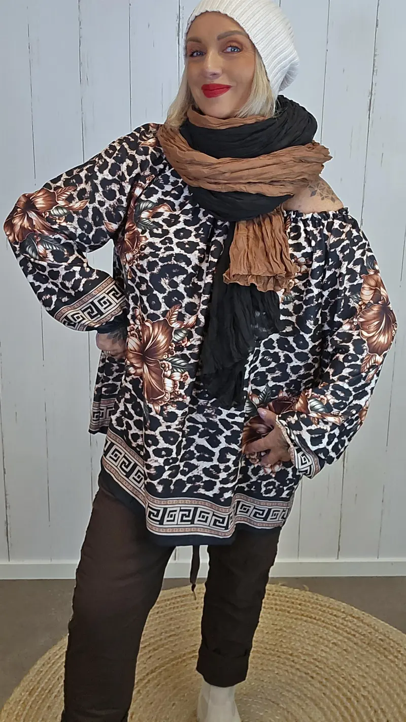 Jolie bluse med leo- og floralmønster Brun
