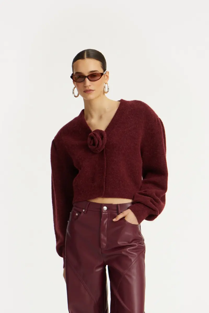 Knit Puffsleeve Cardigan Burgunder