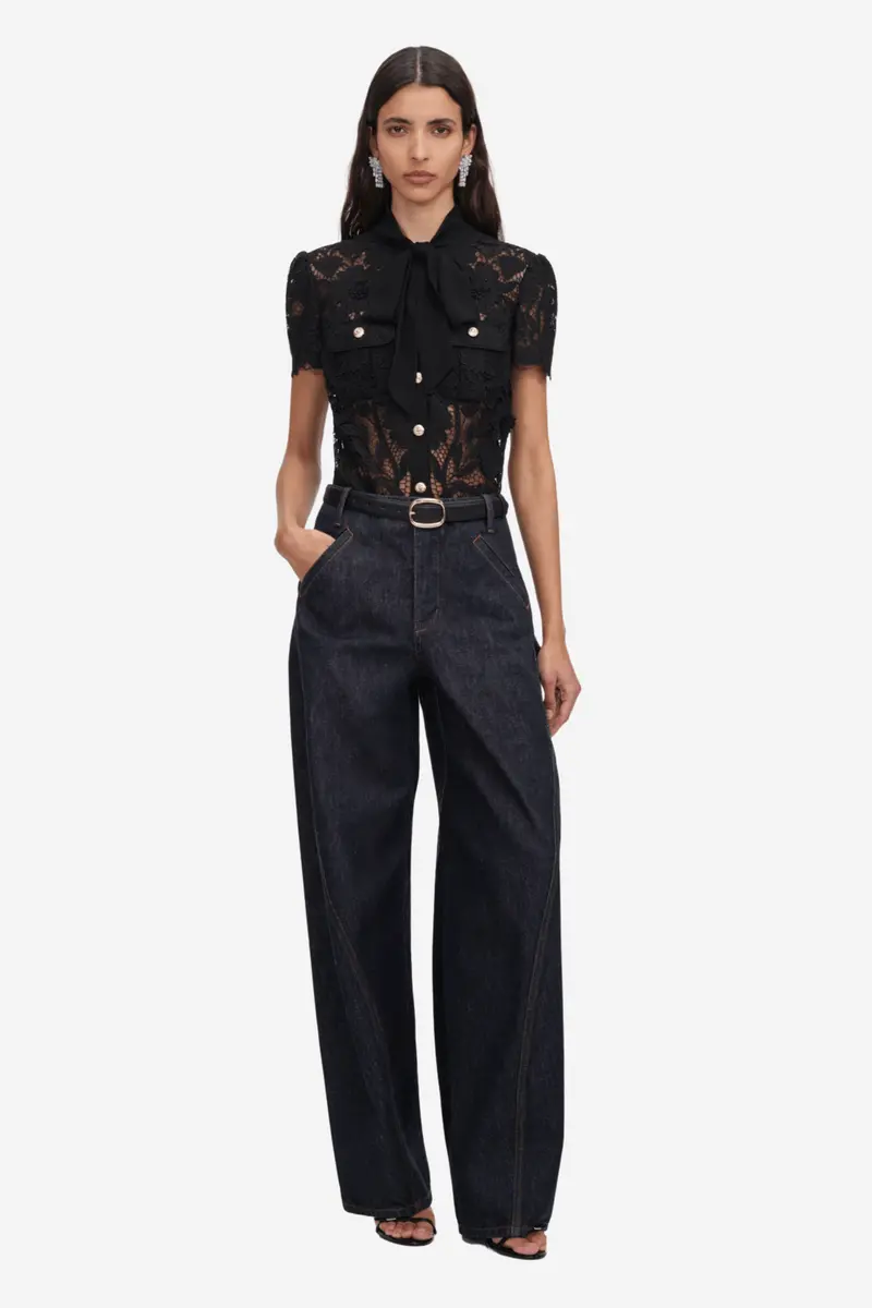 Lace Tie Neck Top Black