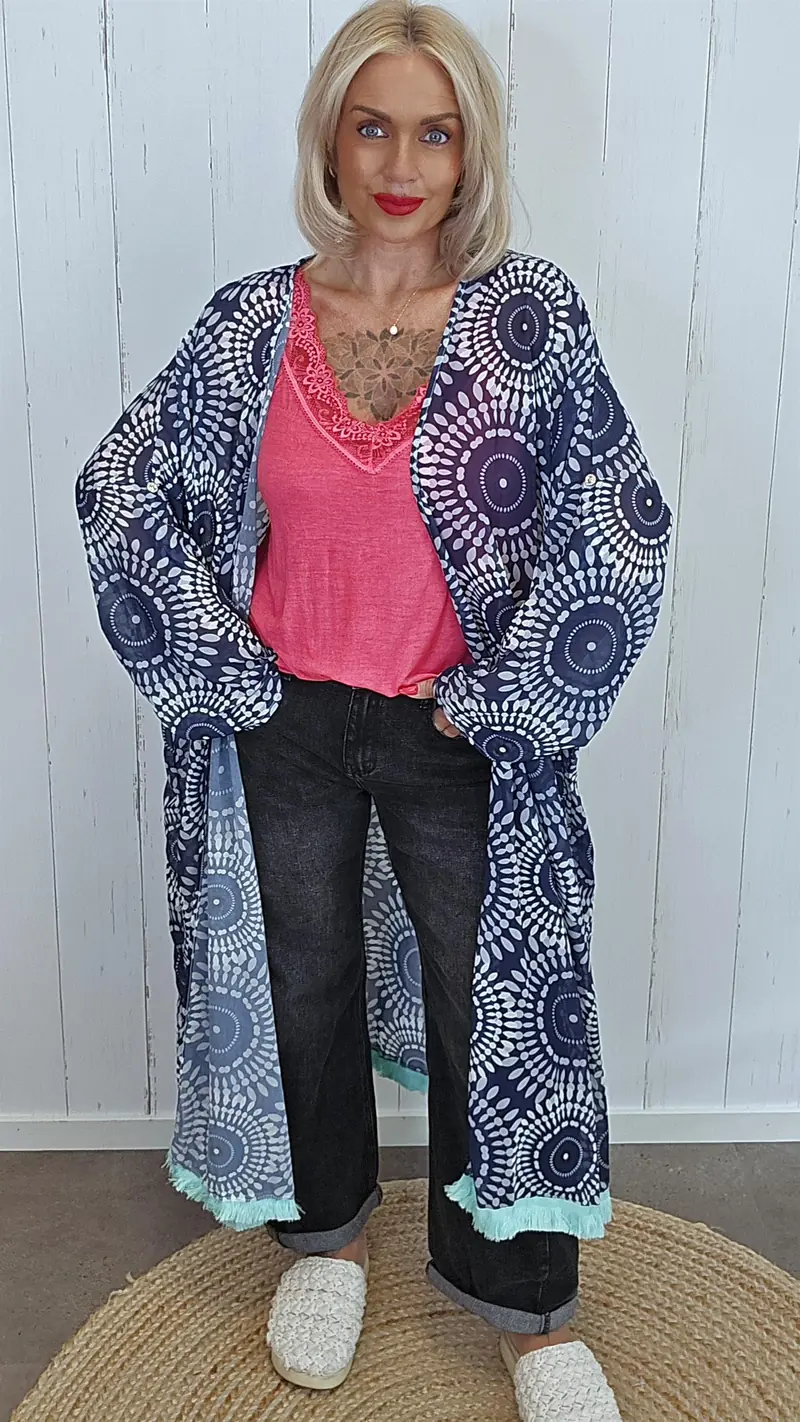 Lang kimono med print navy