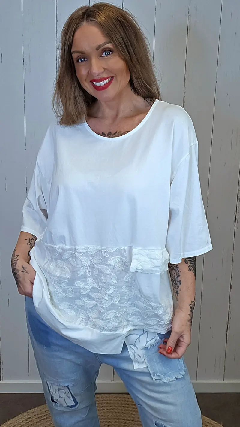 Lene topp med blondepanel Hvit
