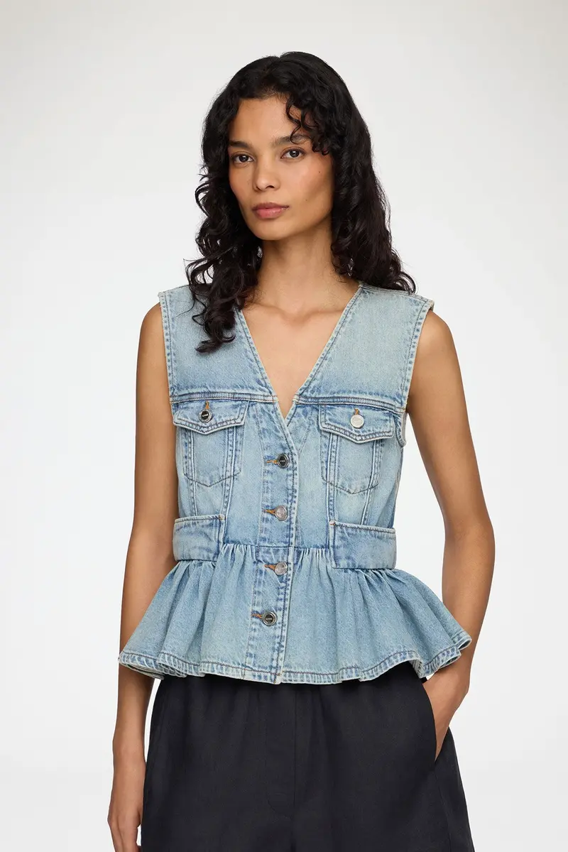 Lightweight Denim Peplum Vest Light Vintage Blue
