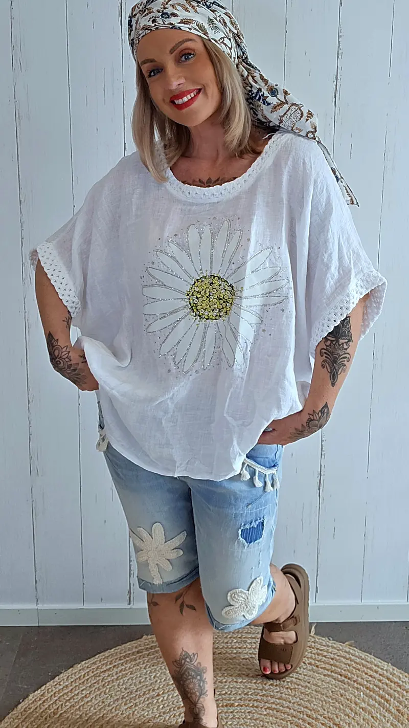 Lin Topp med Blomsterprint hvit