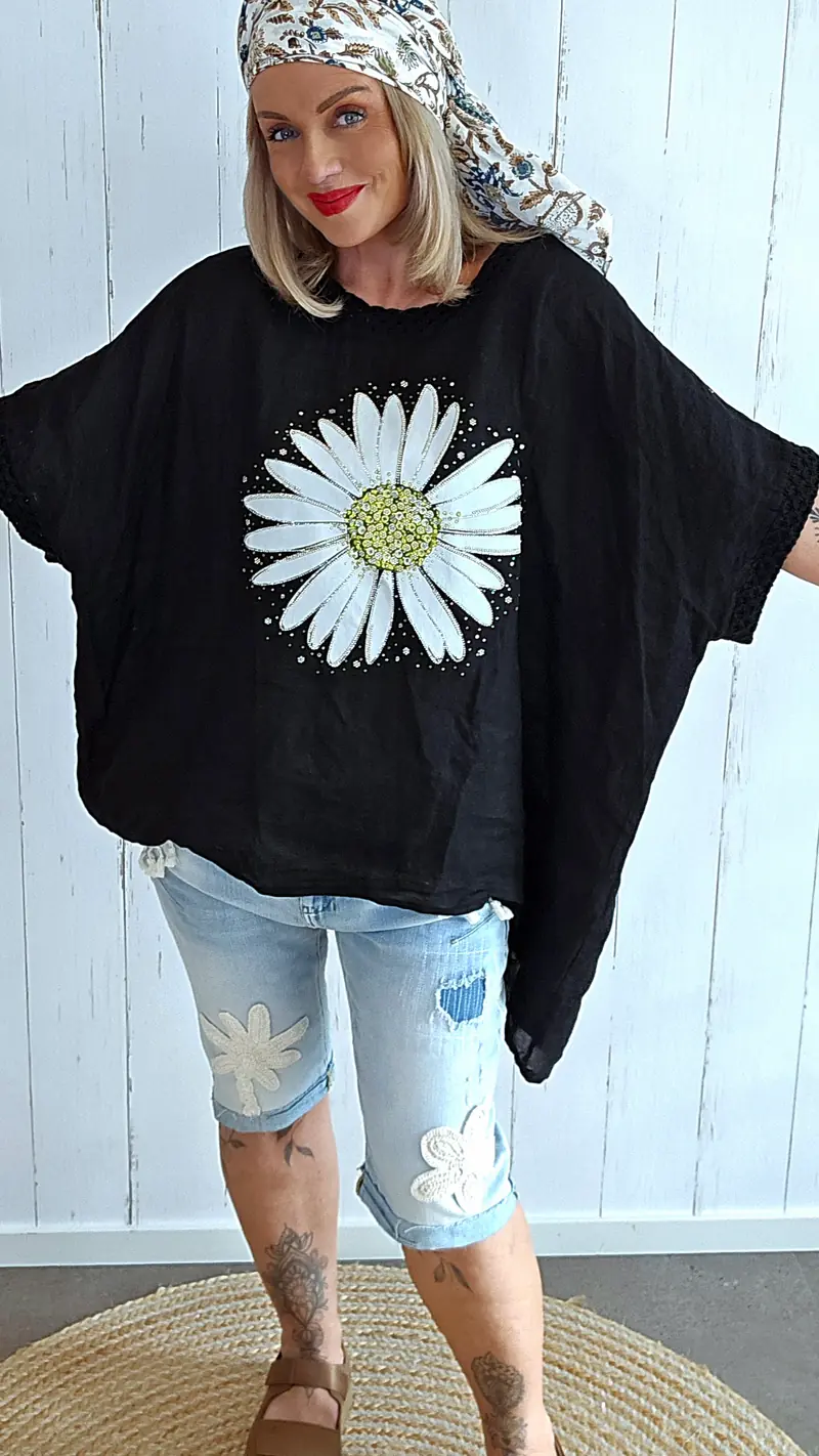 Lin Topp med Blomsterprint svart
