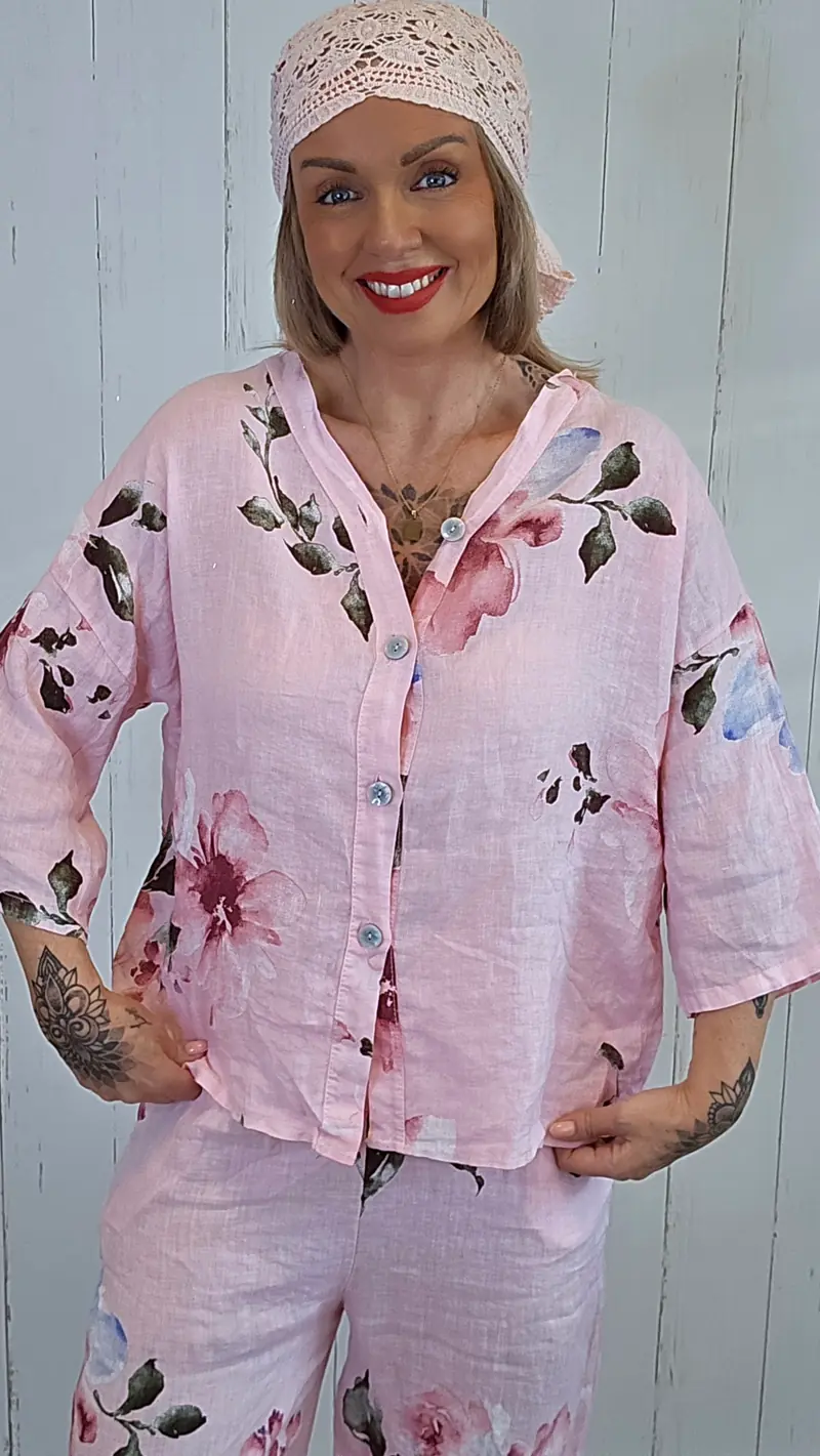 Line linskjorte med blomsterprint rosa