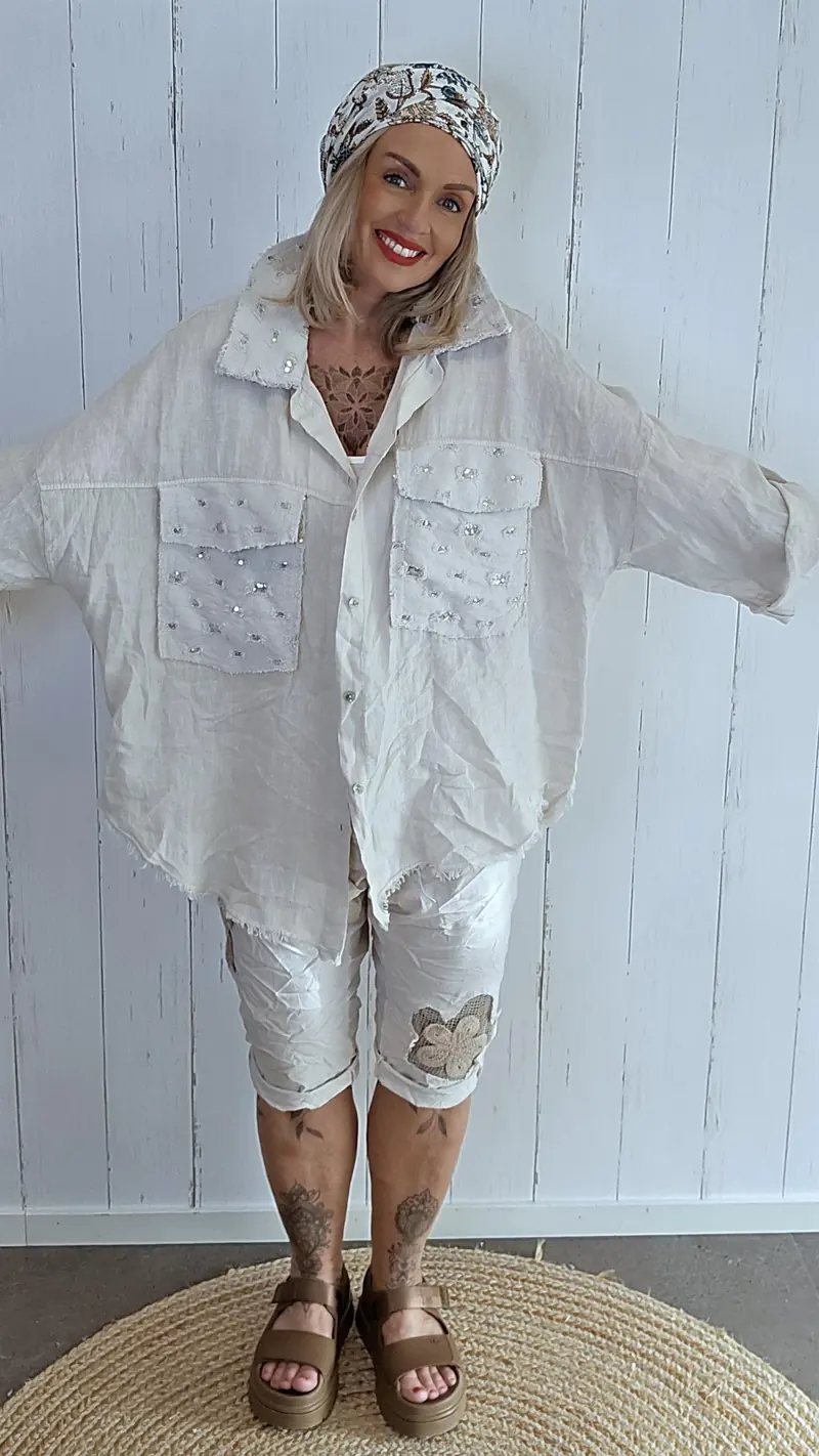 Lisa linskjorte med paljettdetaljer beige