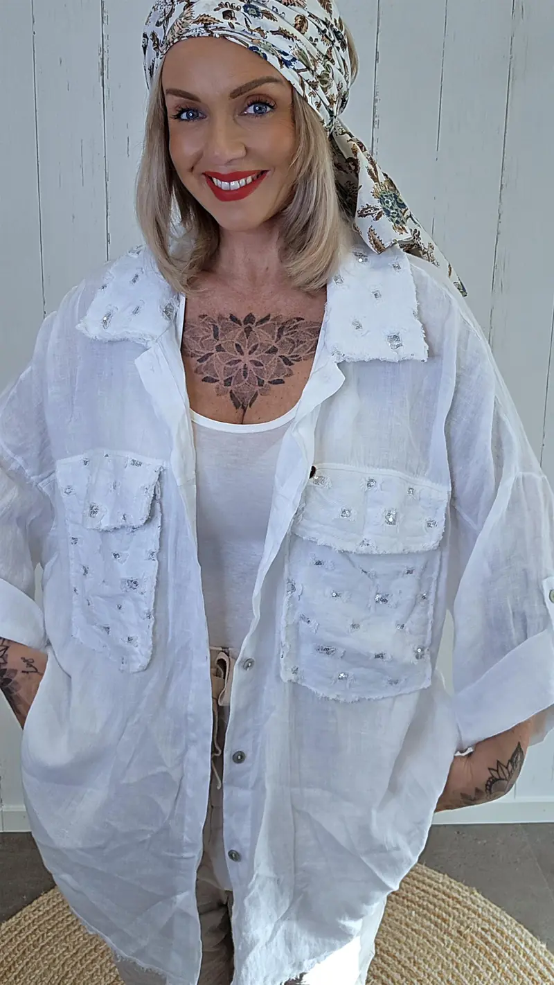 Lisa linskjorte med paljettdetaljer hvit