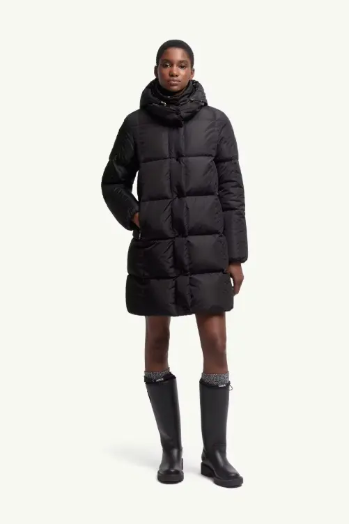 Litte Square-Quilted Hooded Long Down Jacket Black
