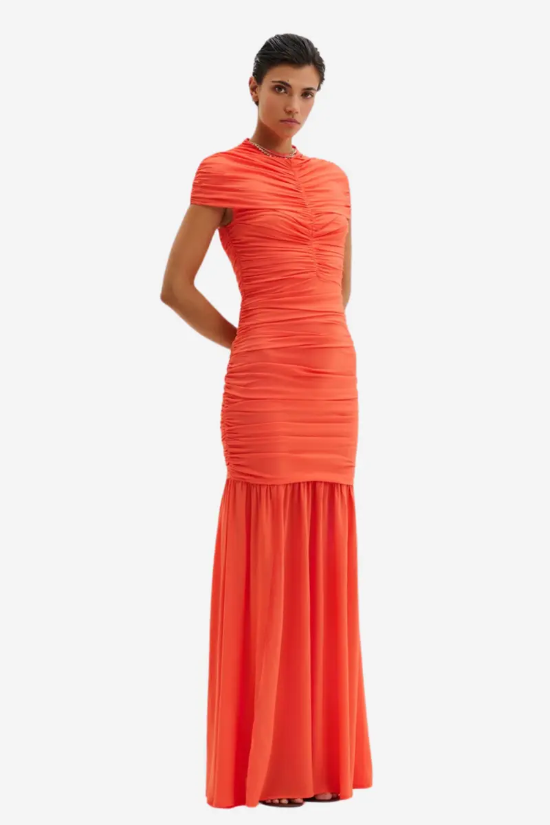 Loana Draped Chiffon Maxi Dress Coral