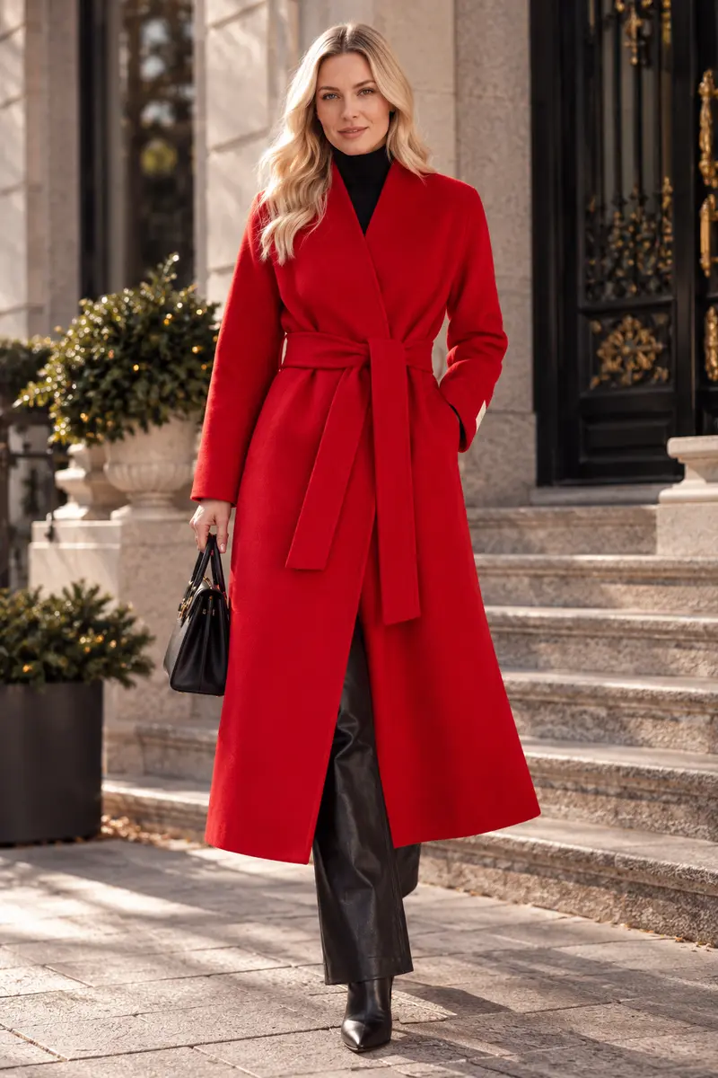 Long belt coat Red