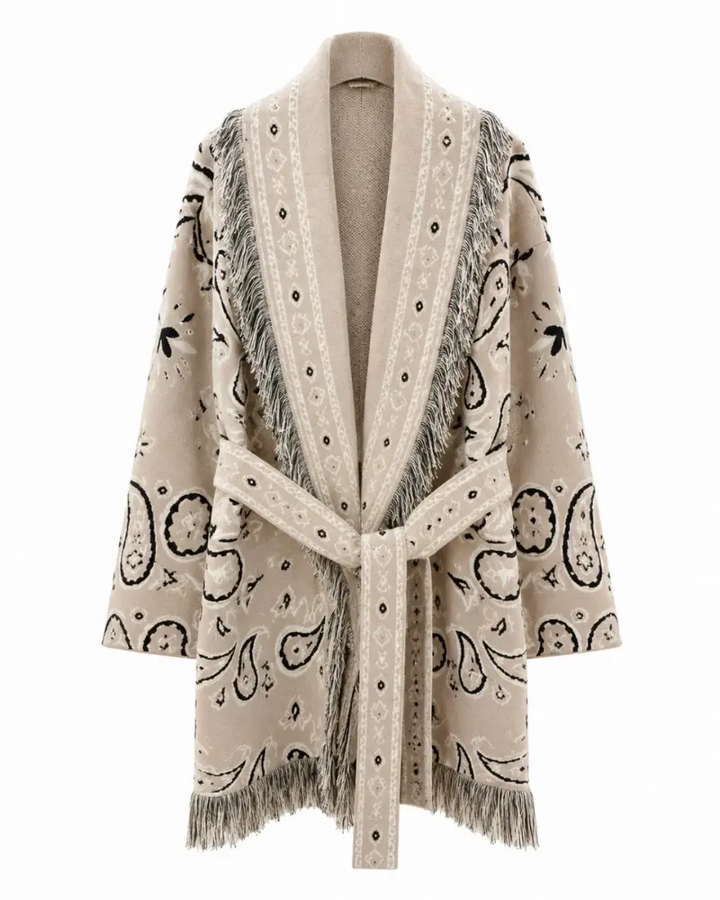 Long Fringed Paisley Jacket - Beige