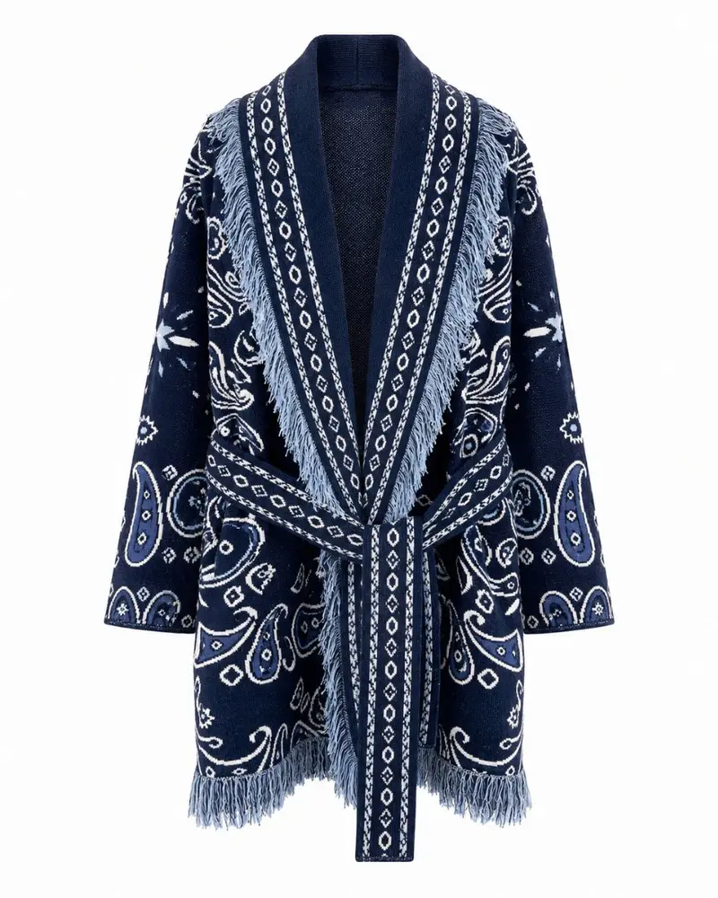 Long Fringed Paisley Jacket - Navy