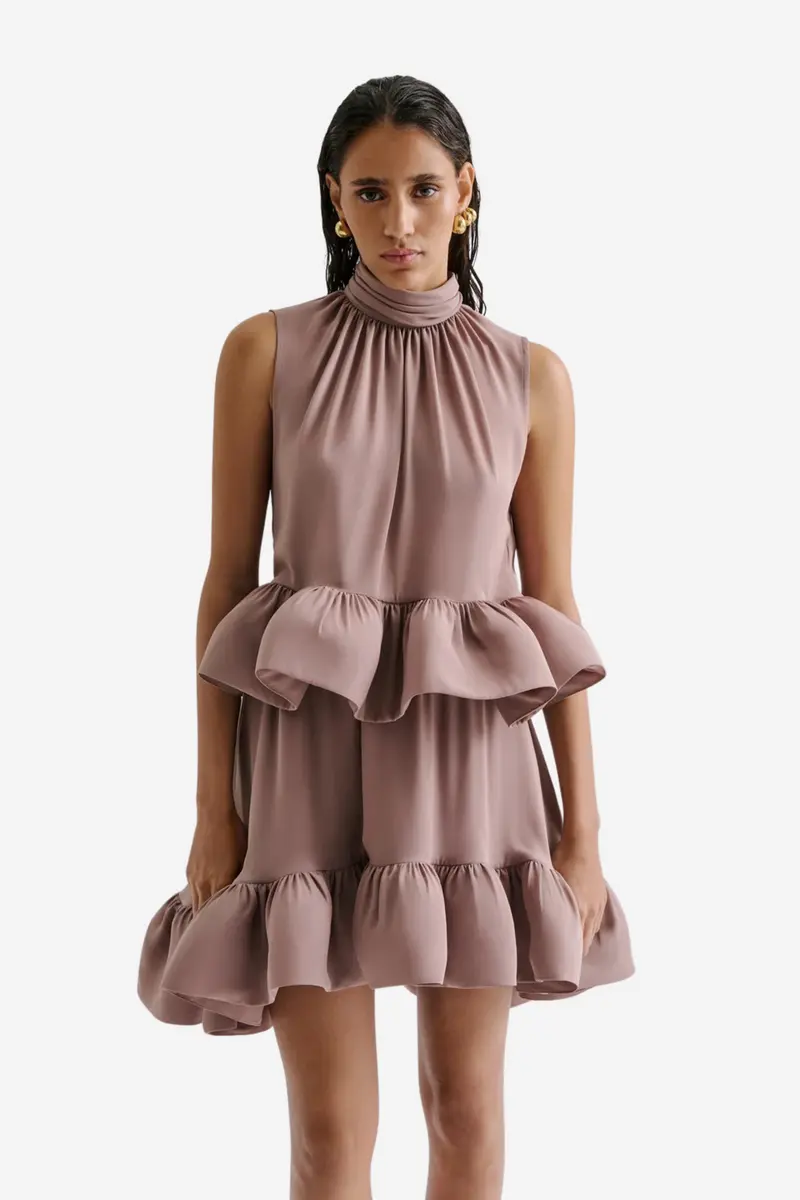 Lune Halterneck Frilled Hem Blouse Taupe