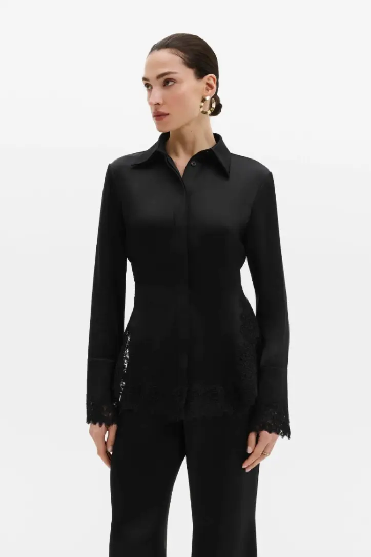 Malou Satin Lace Hem Shirt Black