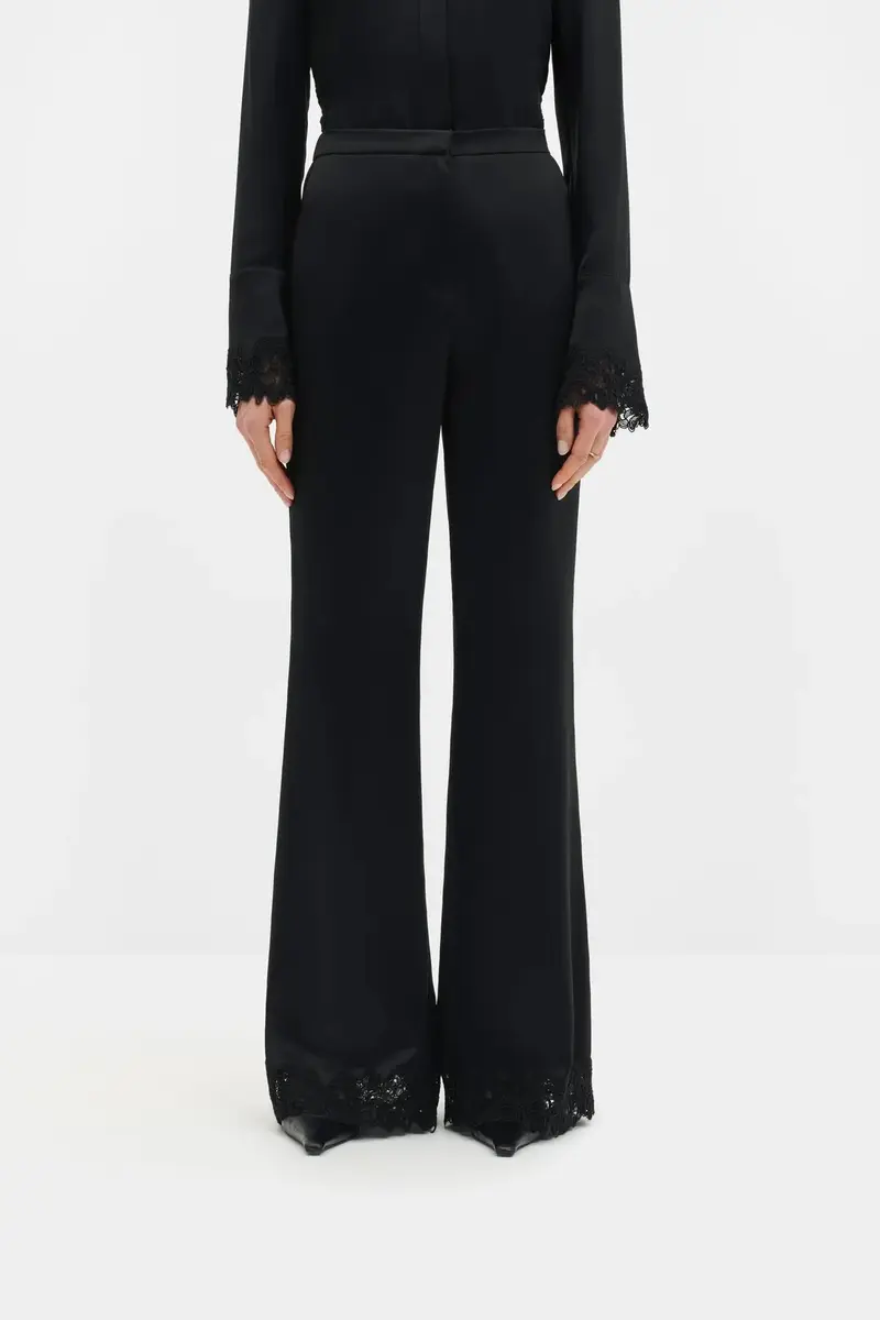 Marine Satin Lace Hem Trousers Black