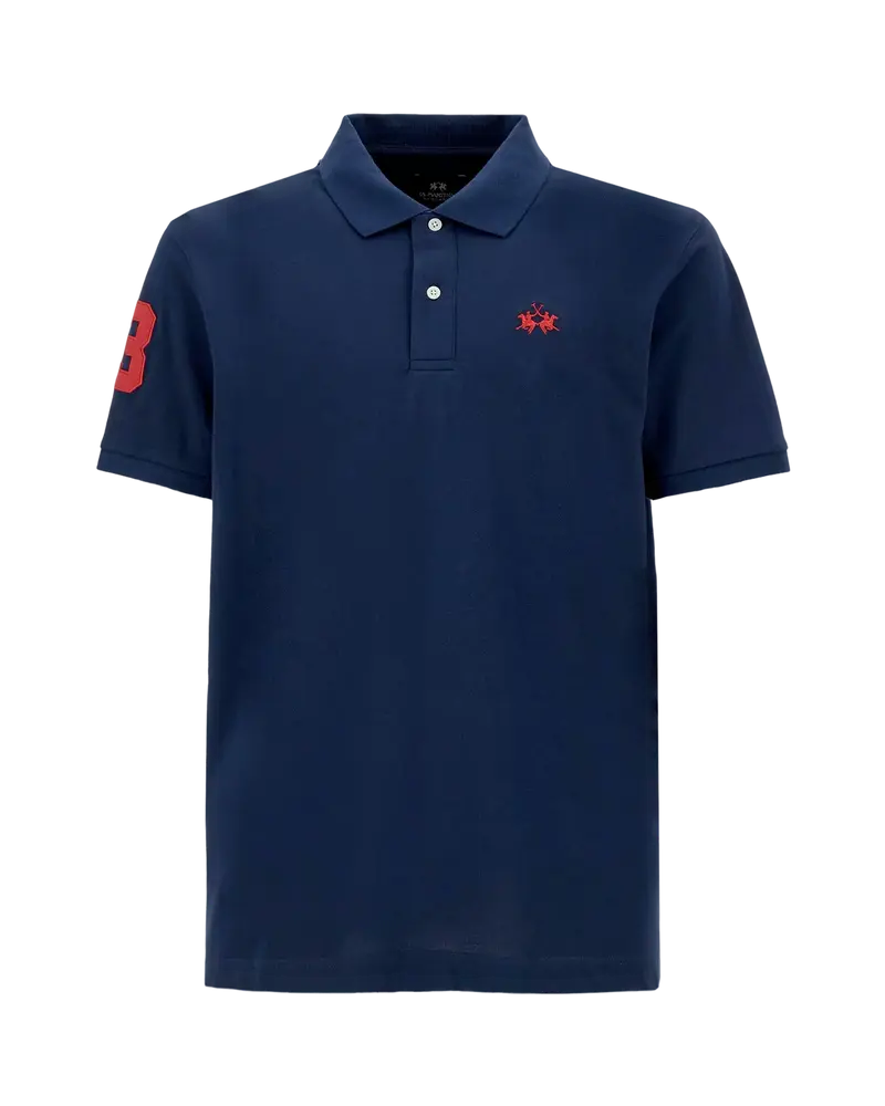 Men’s stretch piqué polo with sleeve number – Ray