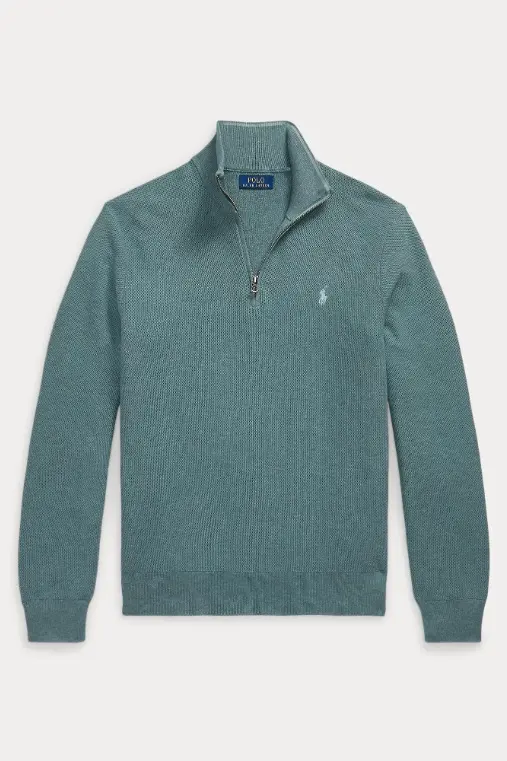 Mesh-Knit Cotton Quarter-Zip Sweater Turquoise Jay Heather