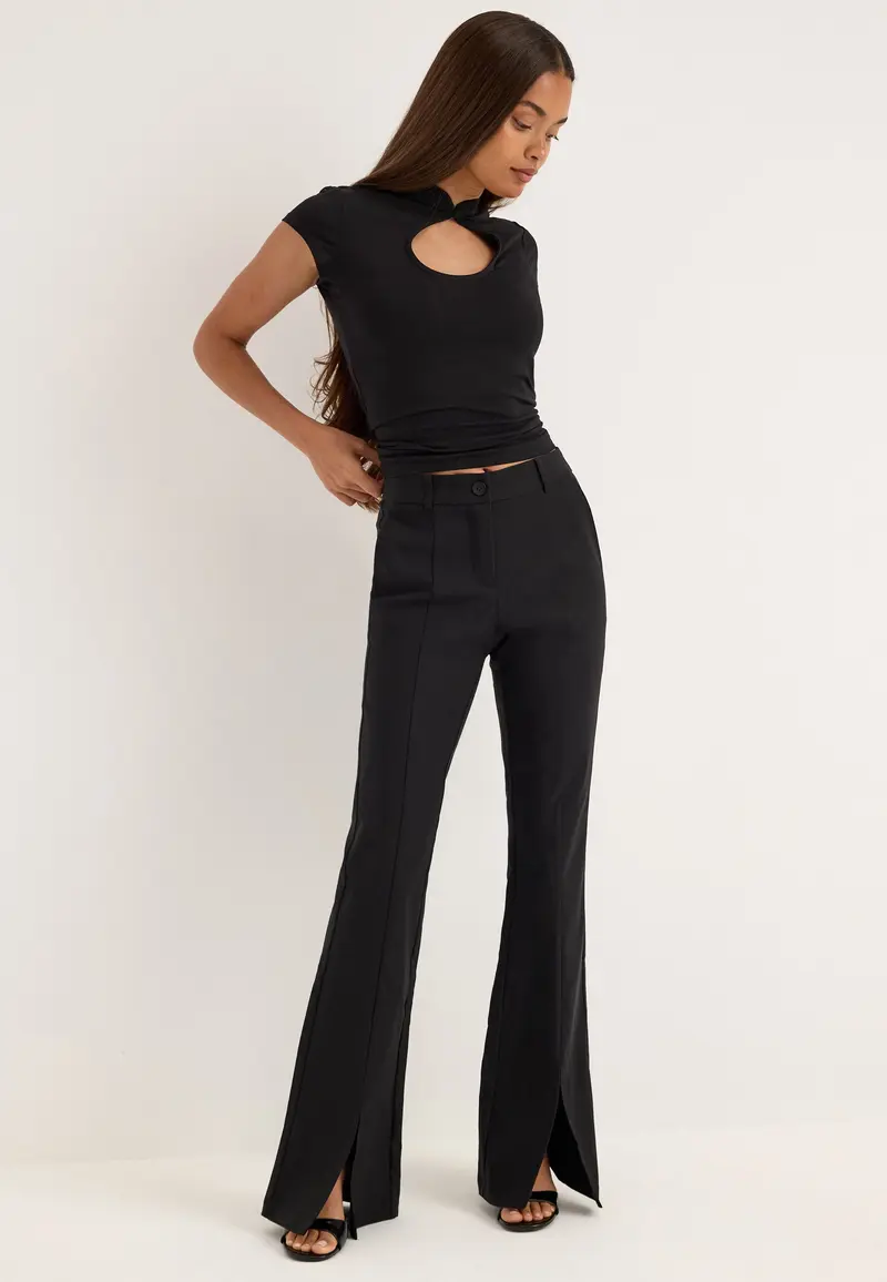 Mid Waist Stretchy Flared Slit Trousers