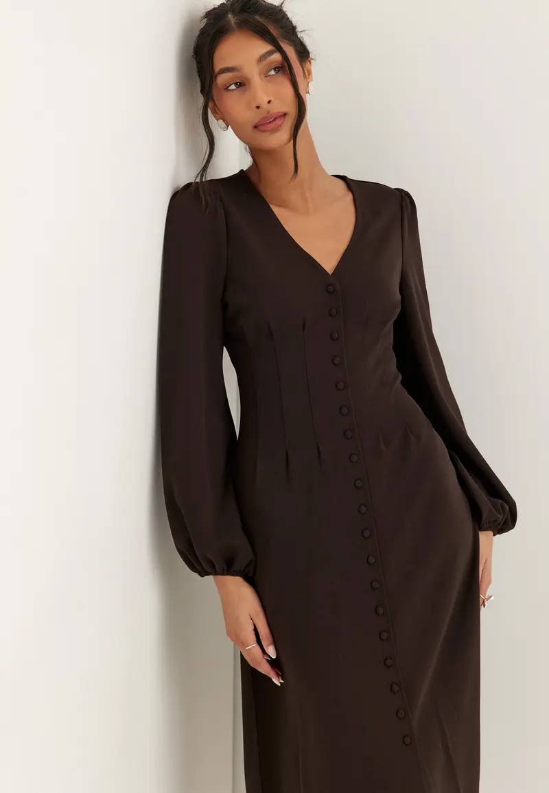 Midi Button Volume Sleeve Dress