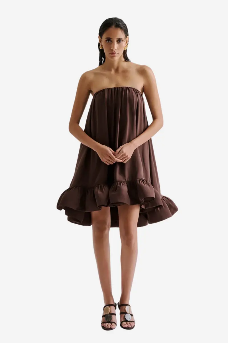 Mikala Strapless Ruffled Mini Dress Chocolate