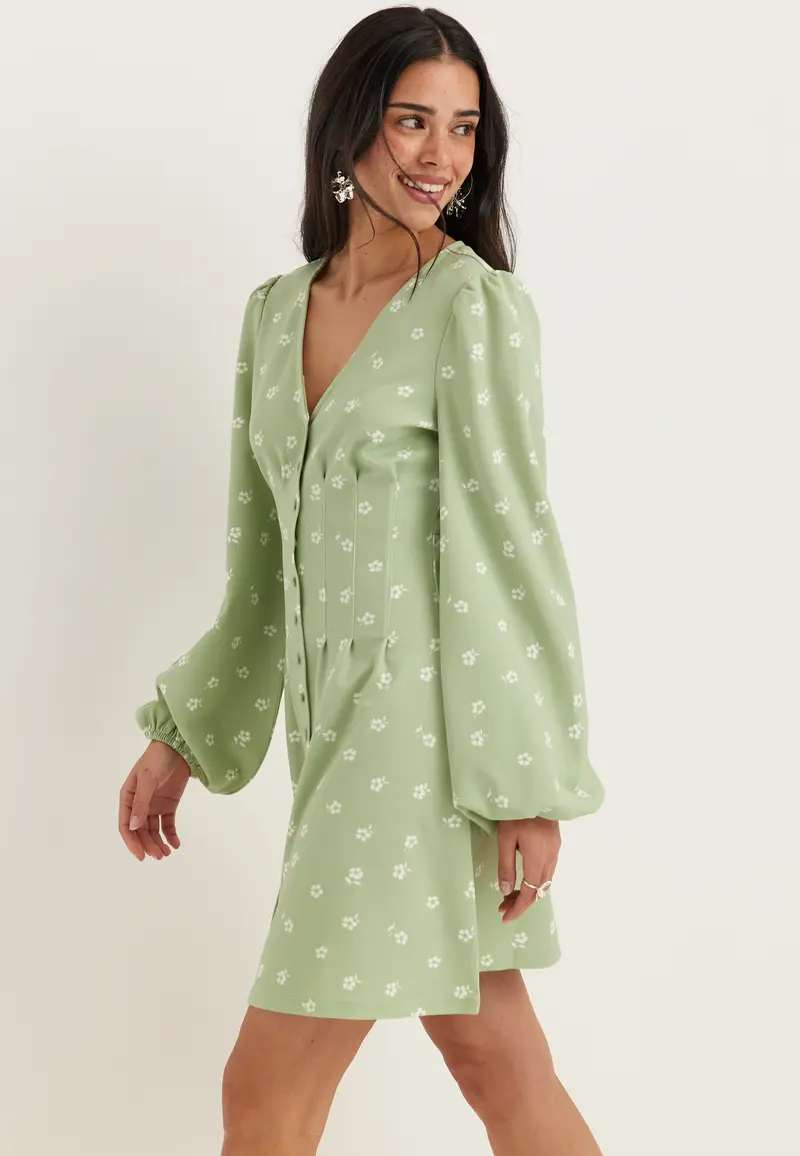Mini Button Volume Sleeve Dress