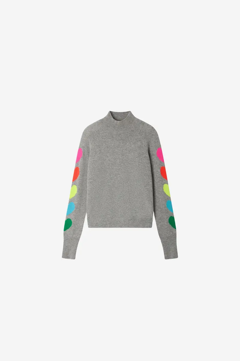 Mock Neck Sweater Multicolored Hearts Dark Heather Gray