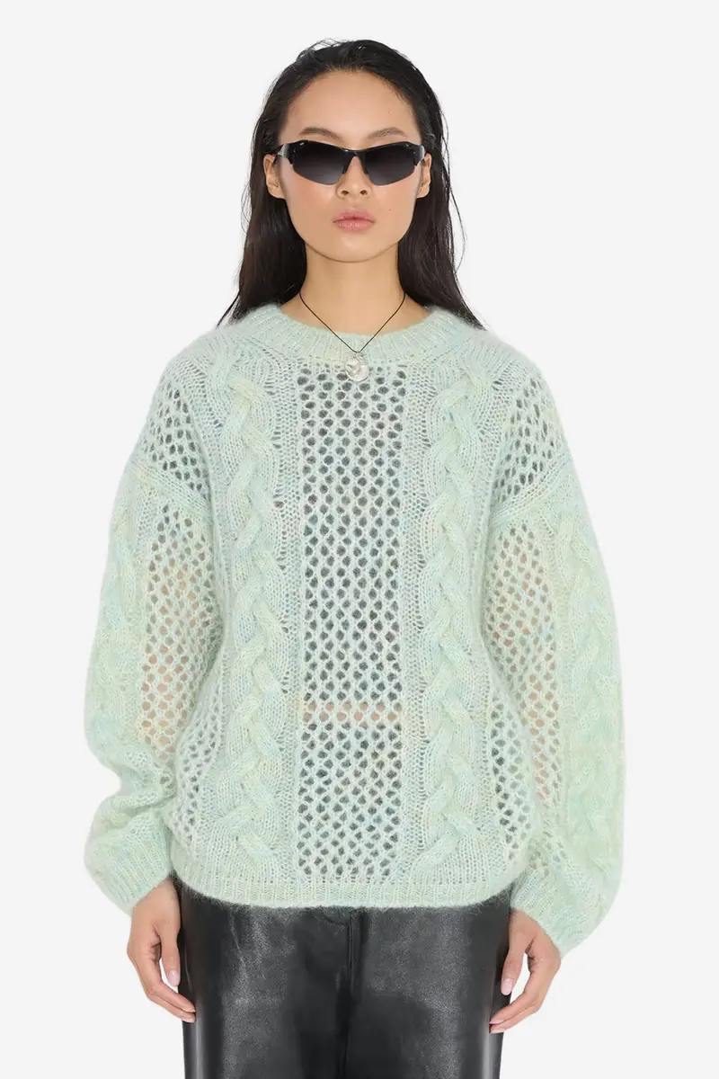Mohair Cable Knit Crew Green Mix