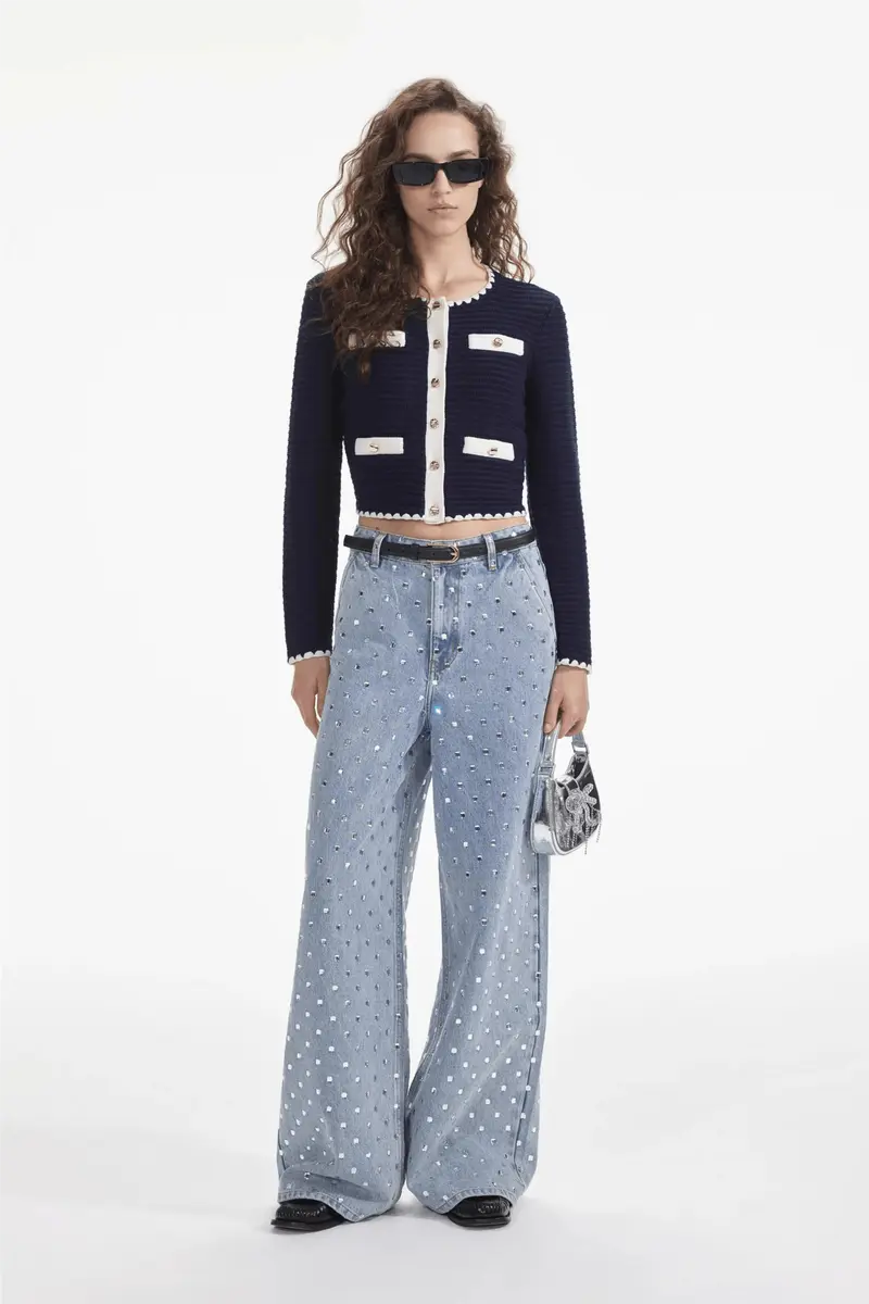 Navy Crochet Contrast Trim Cardigan