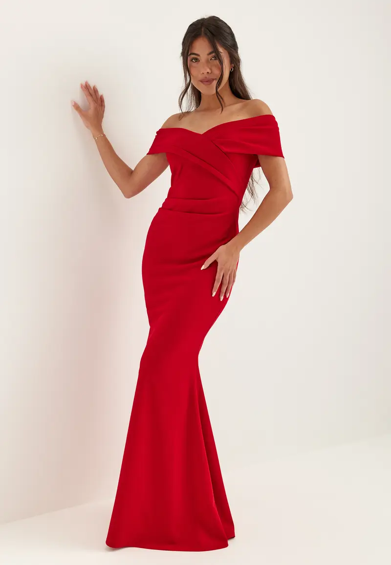 Off Shoulder Pleat Maxi Dress