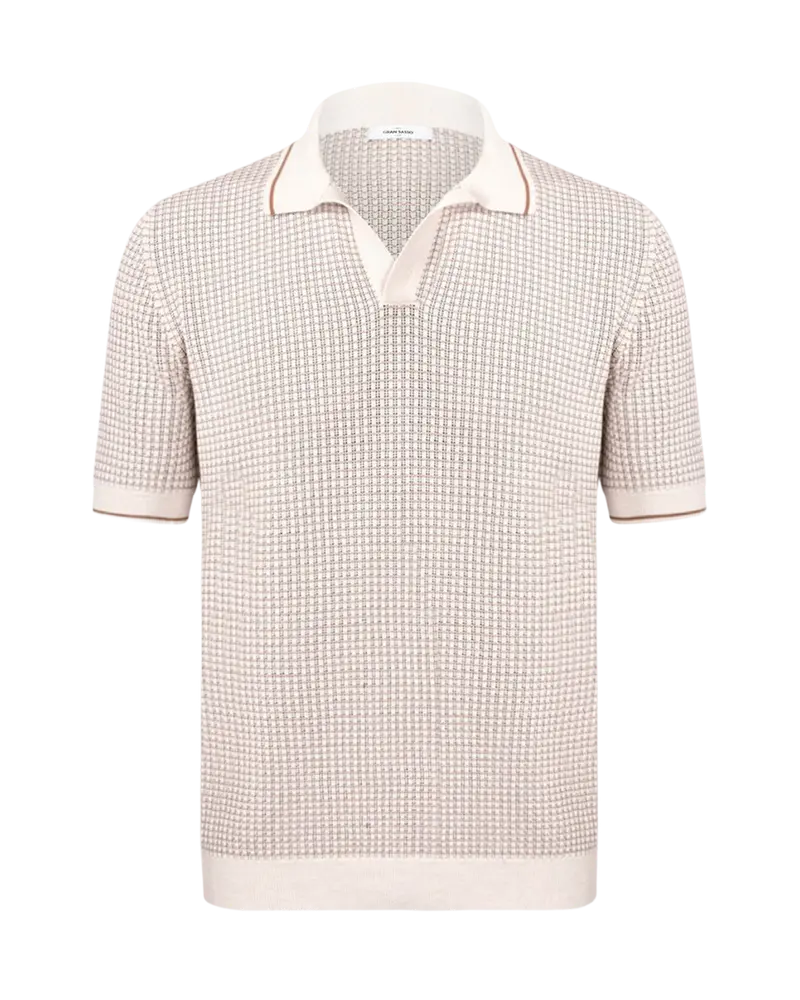 Openwork Stitch Bicolor Knit Skipper Polo - Beige