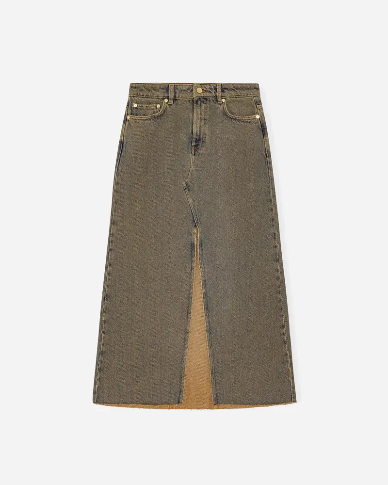 Overdyed Heavy Denim Maxi Skirt - Shitake