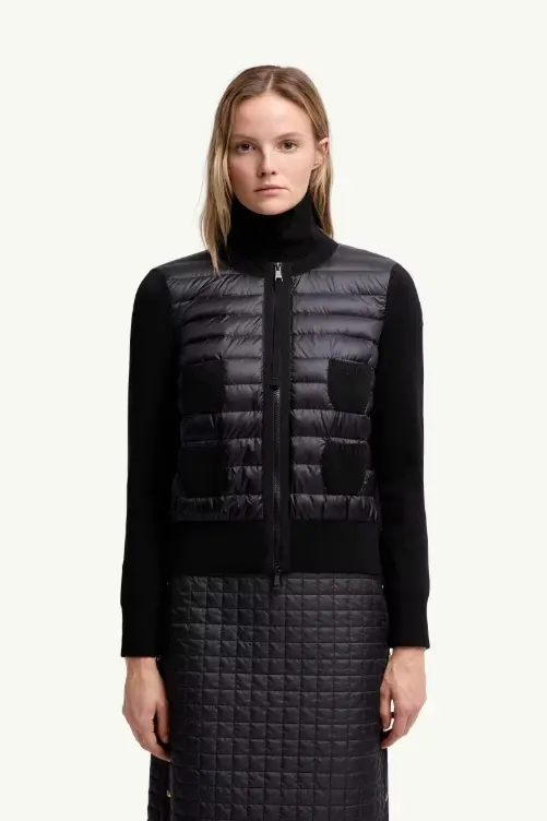 Padded Wool Zip-Up Cardigan Black