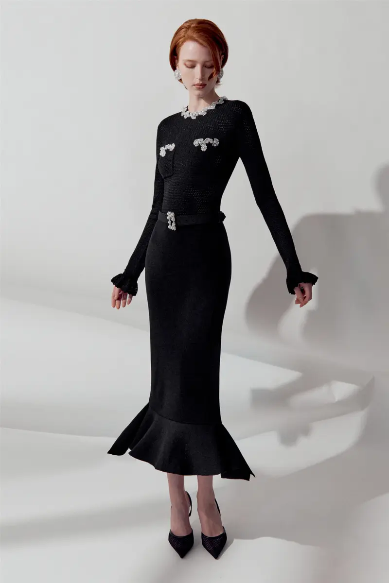 Pearl Trim Knit Midi Dress Black