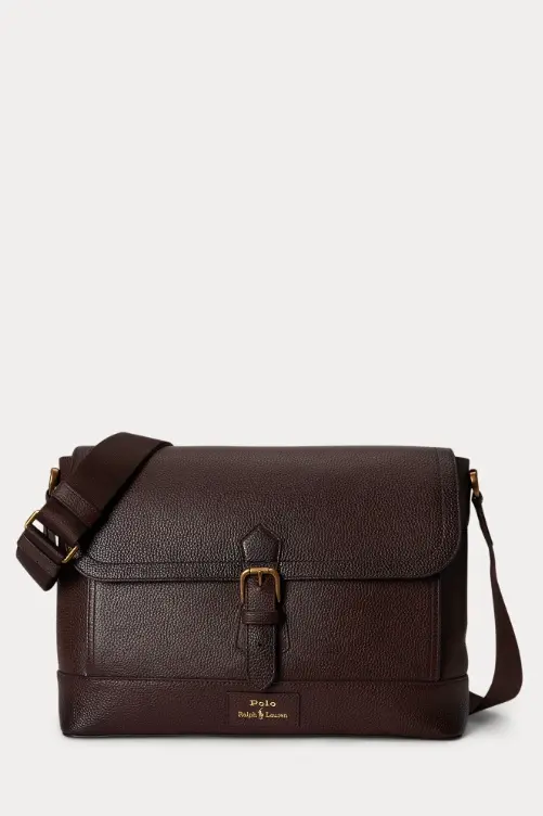 Pebbled Leather Messenger Bag Dark Brown
