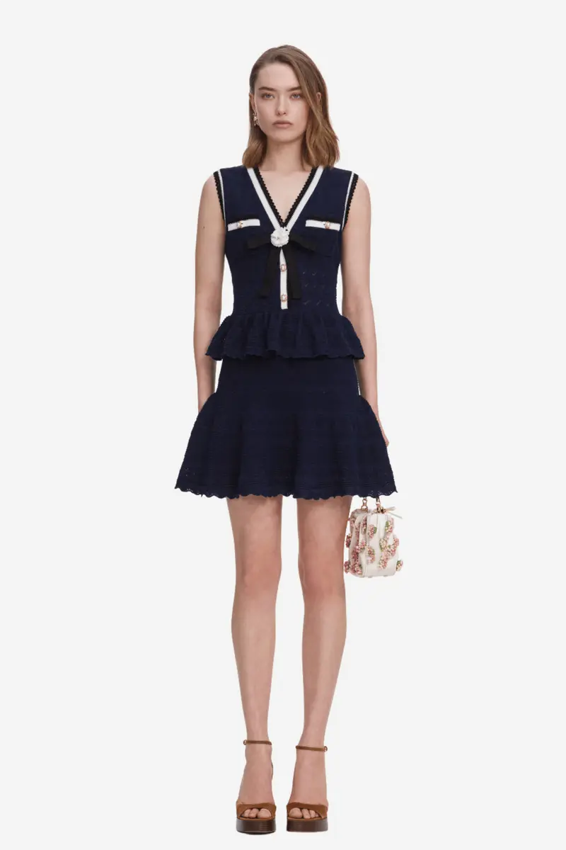 Peplum Pointelle Knit Mini Dress Navy