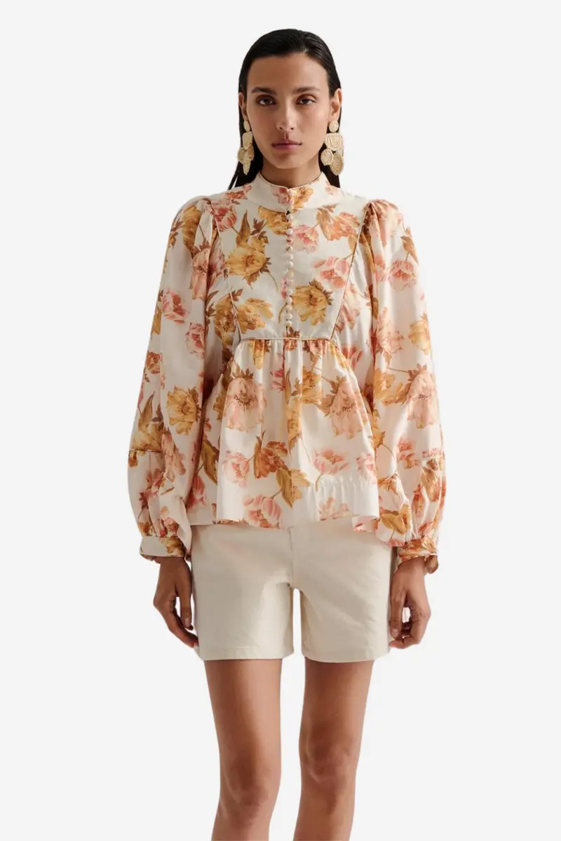 Pernilla High Neck Balloon Sleeve Blouse Cream Peony