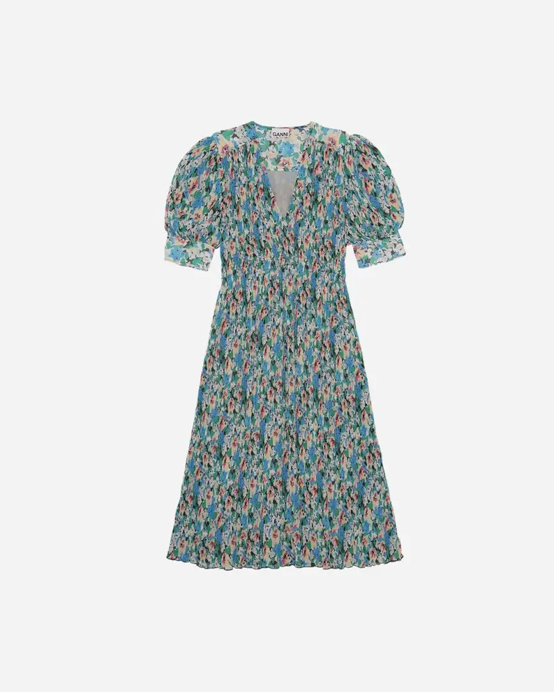 Pleated Georgette V-neck Midi Dress - Floral Azure Blue